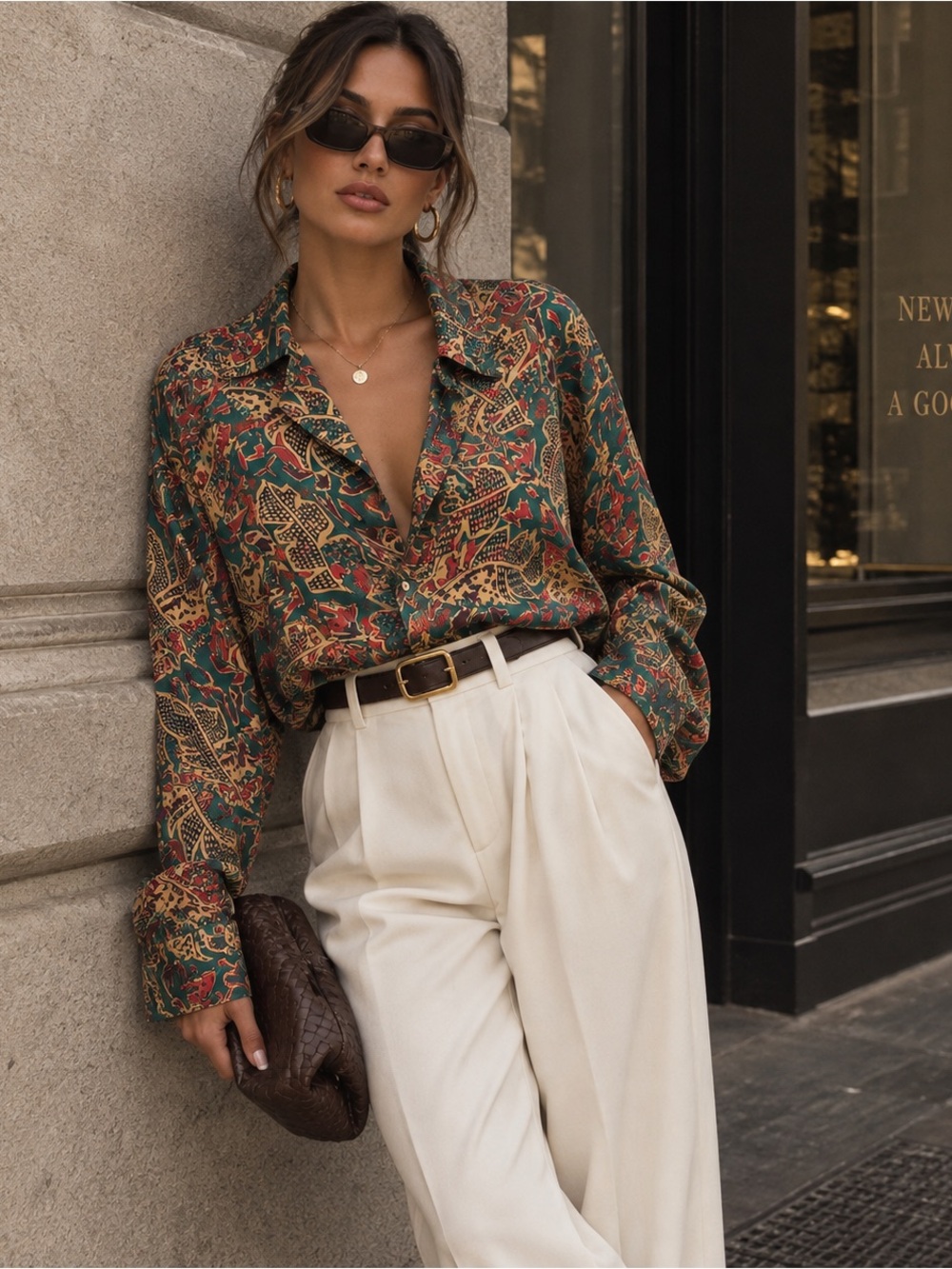 Vintage Silk Printed Button-Up Blouse